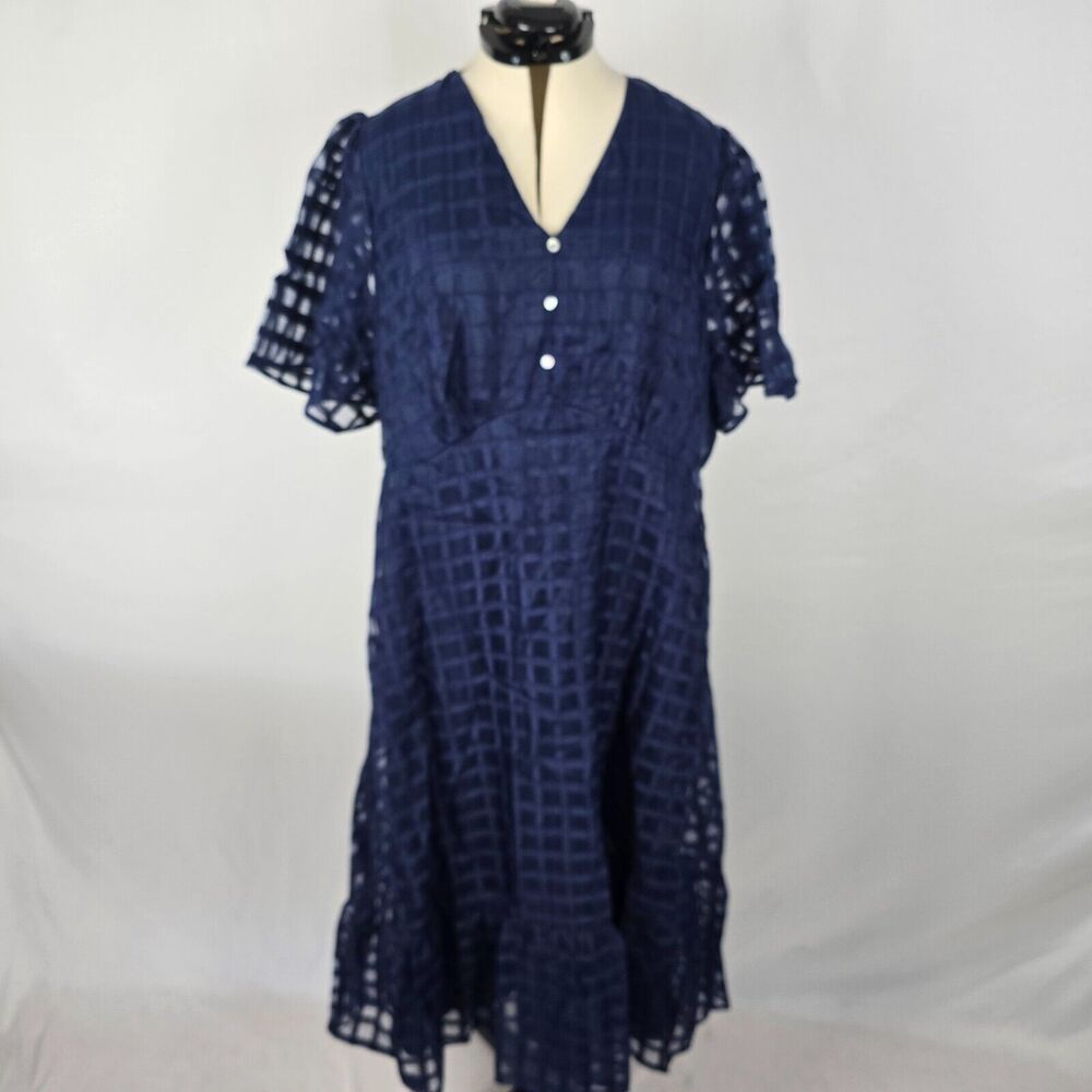 Bloomchic Dress Women's 3X Blue Geometric Short Sleeve Fit & Flare V-Neck NWT